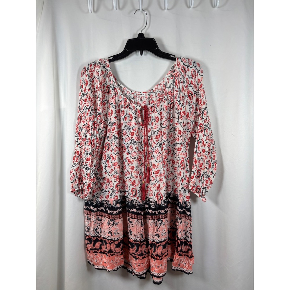 Bongo Plus Womens 1X Peasant Top Red Floral Paisley Boho Tassel 3/4 Sleeve